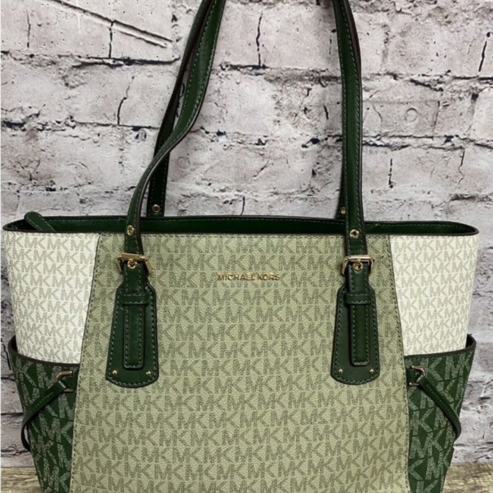 Michael Kors Women’s Large Tote Handbag Voyager East West Green Gray 11x15